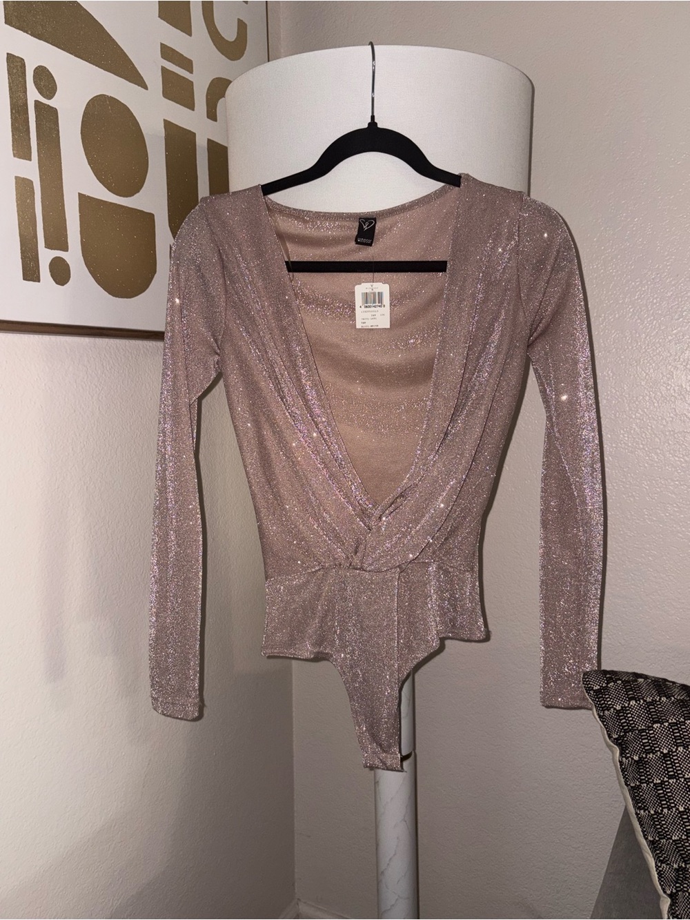 Windsor Shimmery Rose Pink V-Neck Long Sleeve Bodysuit